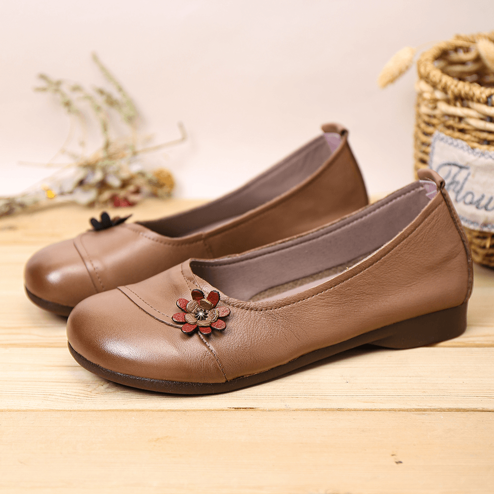 Women'S Leather Flowers Slip on Flats Loafers Shoes