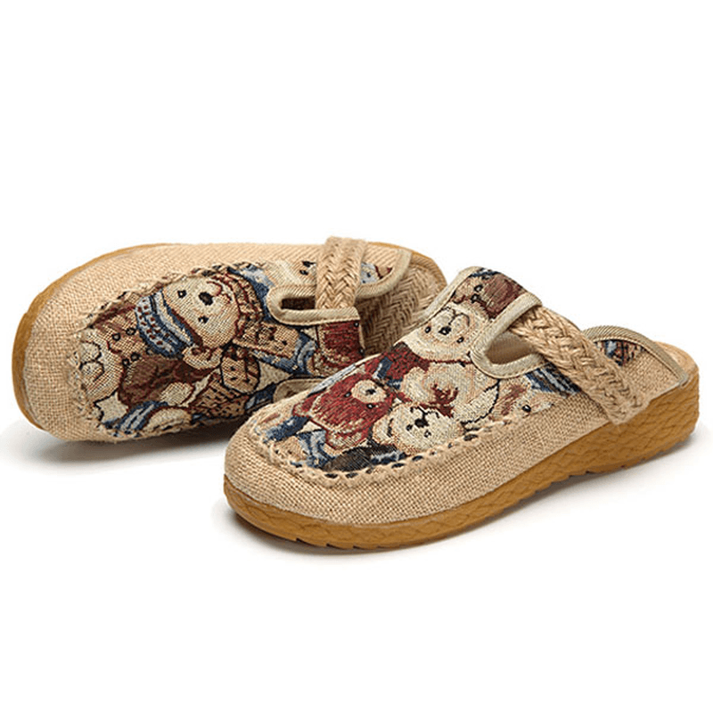 Women Flats Cartoon Flax Outdoor Embroidery Slipper