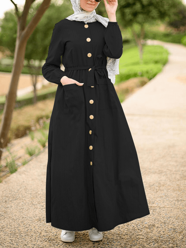 Women Front Pockets Lace-Up Mid-Calf Kaftan Length Maxi Dresses