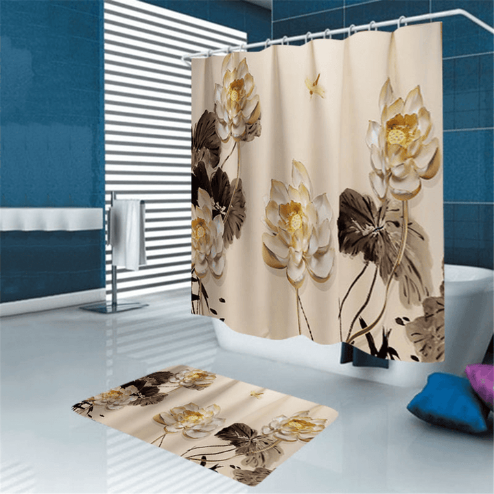 Printing Plum Blossom Shower Curtain Set Waterproof Odorless Anti-Slip Bath Mat Set