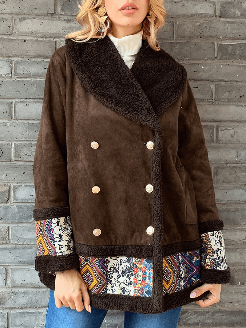 Casual Patch Print Faux Suede Double-Breasted Winter Coats