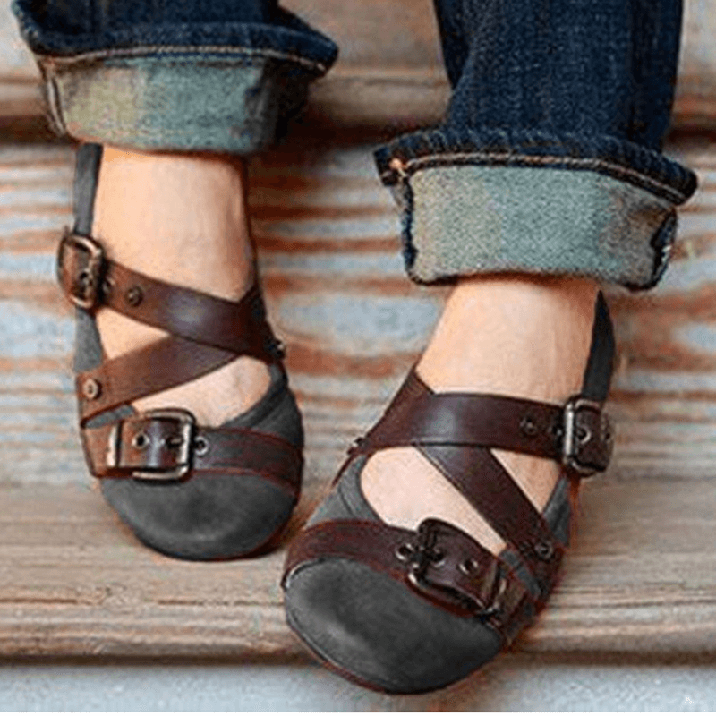 Large Size round Toe Buckle Slip on Casual Flat Shoes - MRSLM