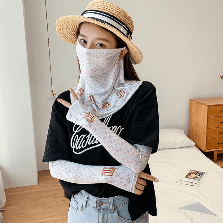 Women Sunscreen Summer Outdoor Ice Silk Hand Sleeve Arm Guard Sleeve Breathable Cover Face Veil Mask - MRSLM