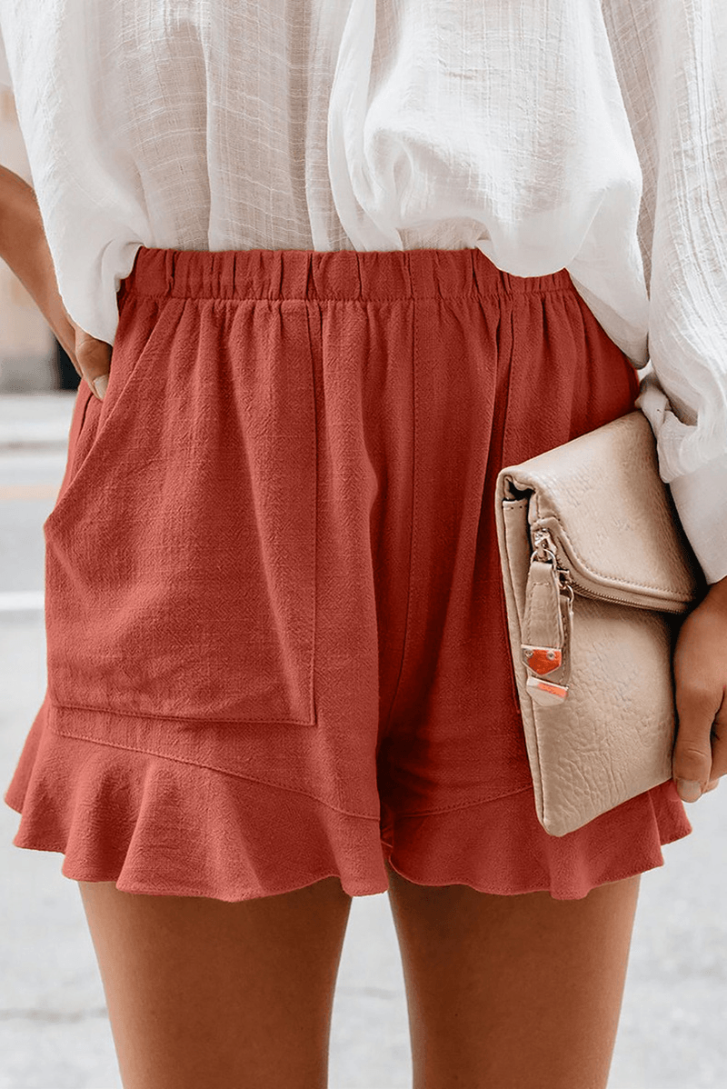 Women Solid Color Elastic High Waist Pocket Shorts - MRSLM