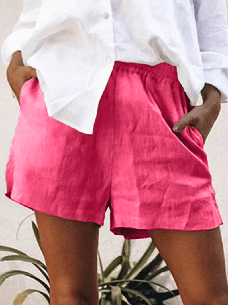 Women Cotton Solid Color Elastic Waist Shorts