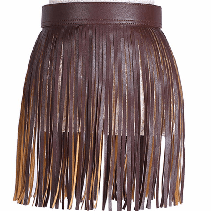 Women Tassel Fringed Belts Leather Snap Button Buckles - MRSLM