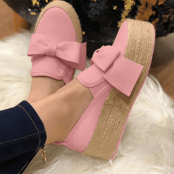 Large Size Women Casual Butterfly Knot Straw Platform Loafers