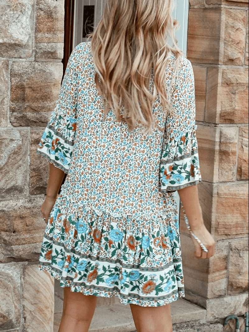 Bohemian Floral Print V Neck Summer Beach Mini Dress