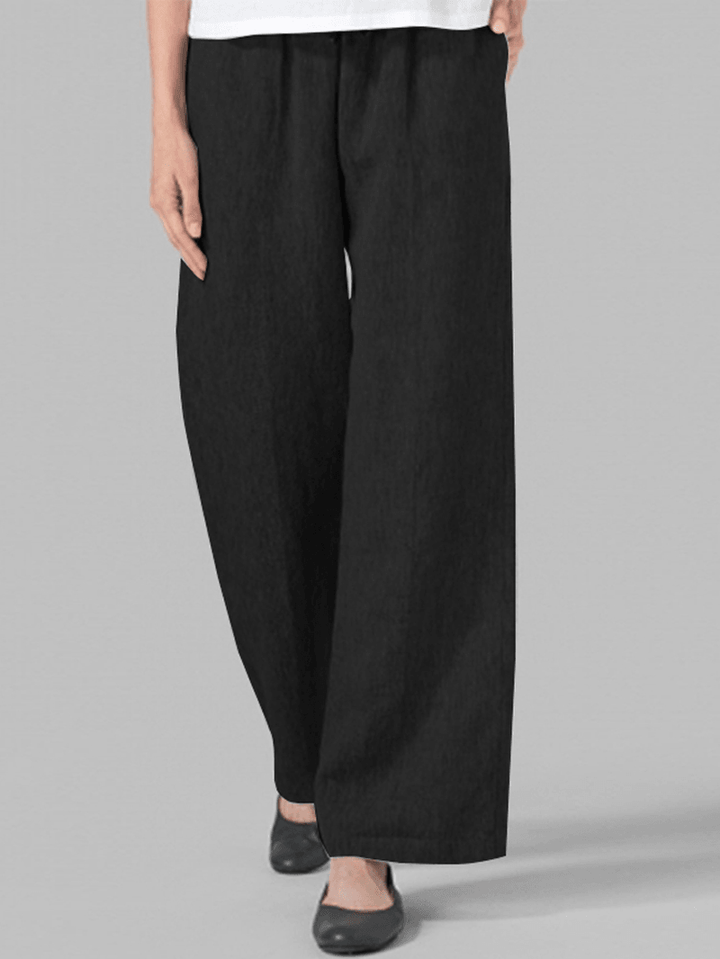 Women Solid Elastic Waist Wide Leg Pants - MRSLM