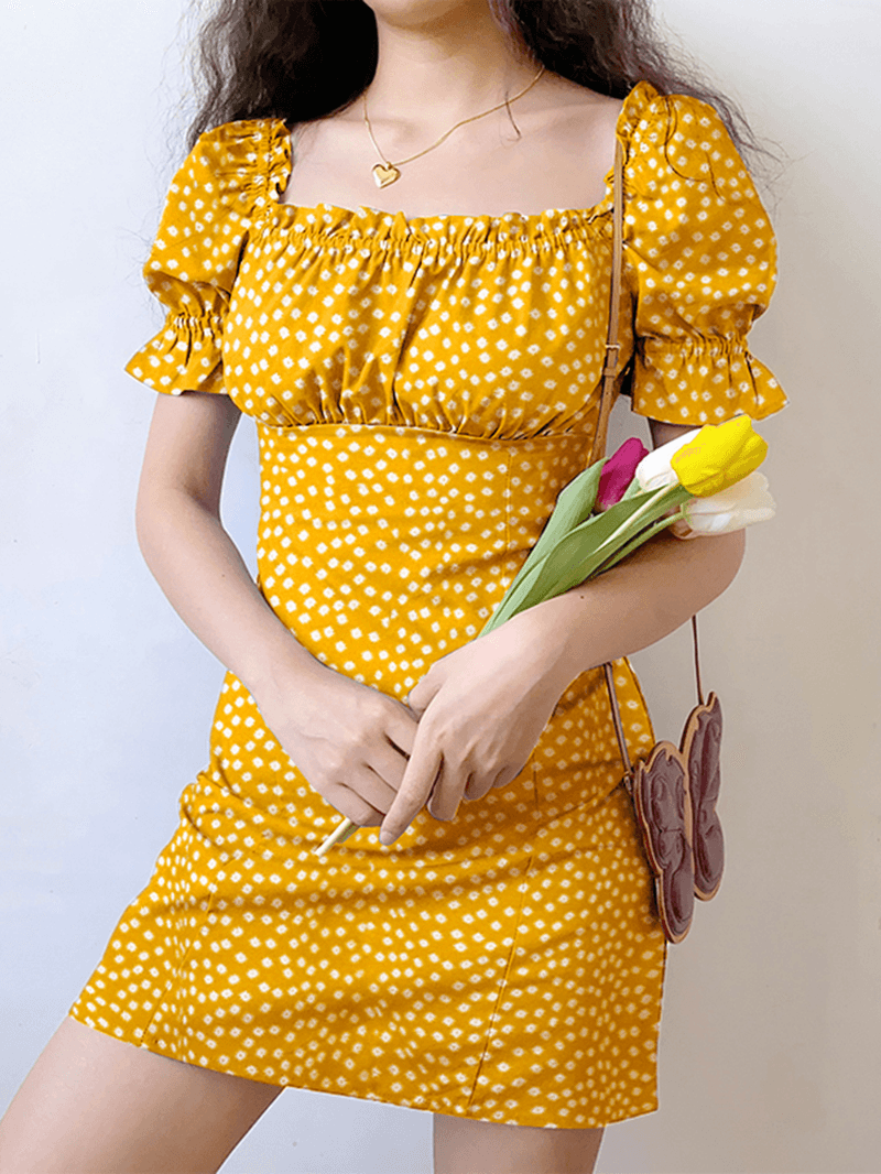 Floral Print Square Collar Pleating Short Sleeve Mini Dress - MRSLM