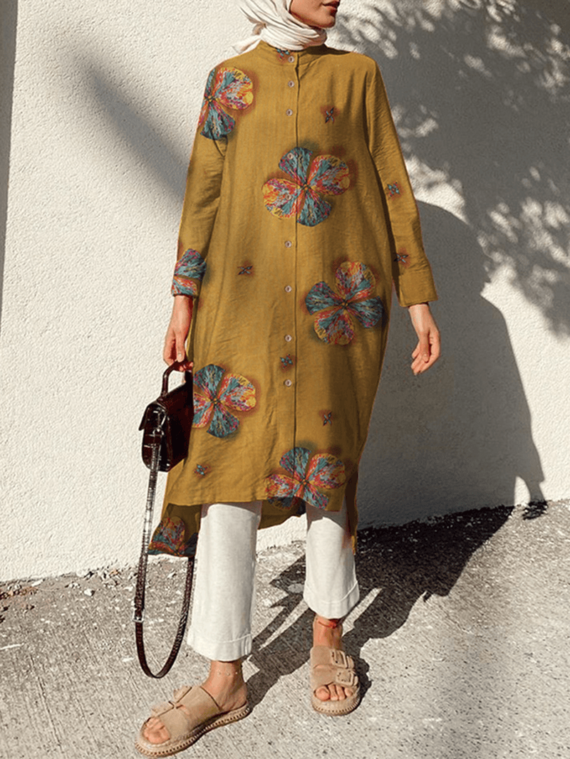 Women Cotton Flowers Print Kaftan Long Sleeve Retro Shirt Dress - MRSLM