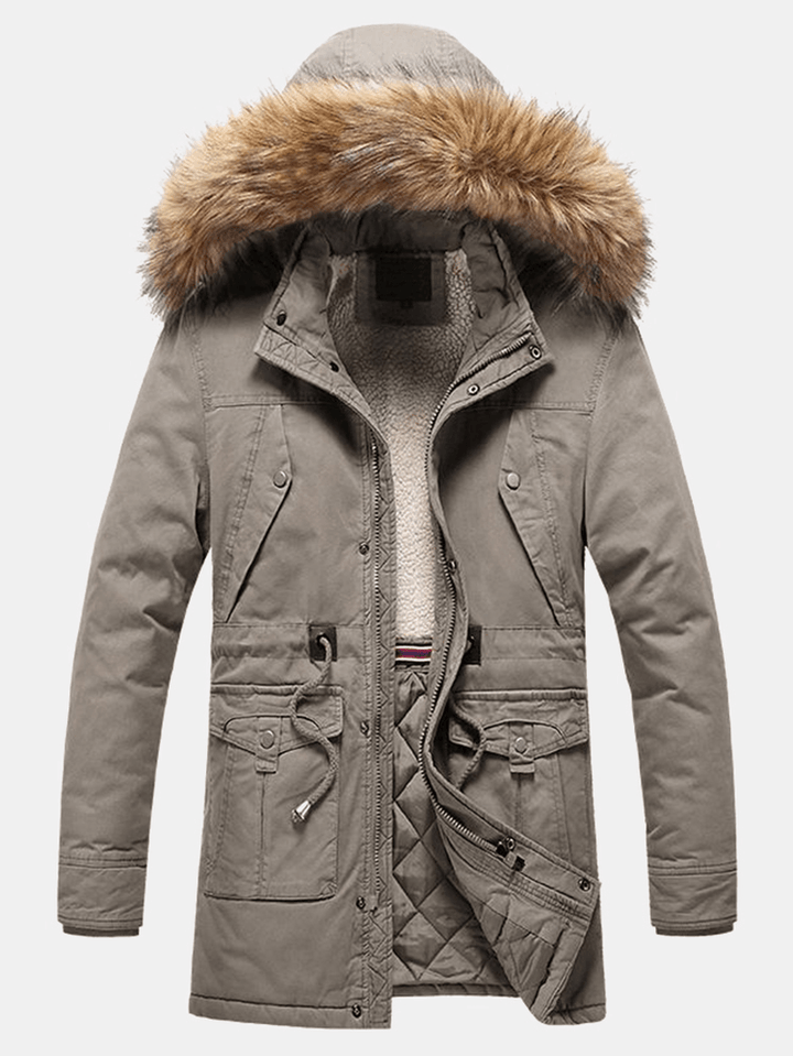 Mens Warm Solid Color Windproof Multi Pocket Detachable Faux Fur Collar Hooded Coat