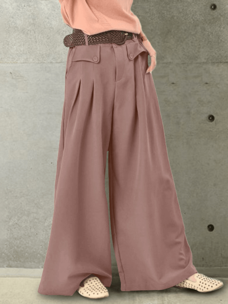 Women Solid Color Button Casual Loose Wide Leg Pants with Pocket