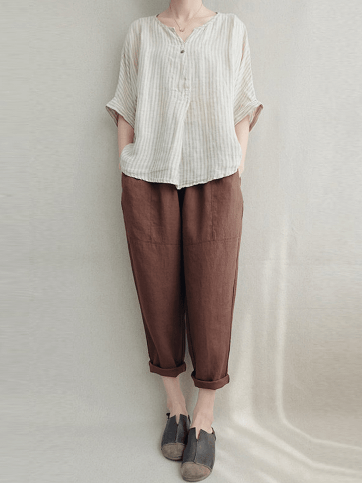 Women Vintage High Elastic Waist Solid Loose Cotton Harem Pants