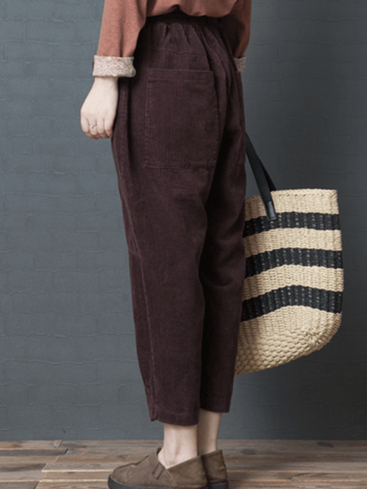 Women Elastic Waist Pocket Corduroy Pants