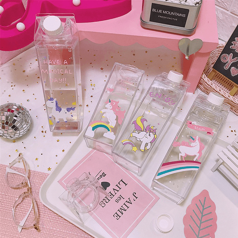 500Ml Fantastic Summer Unicorn Cartoon Milk Drink Box Water Bottle Birthday Kid Clear Plastic Water Bottle Gym Sport Cactus Juice Frui Holder Fitness Picnic