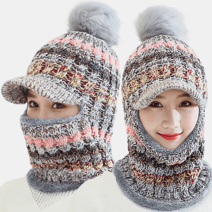 Women Wool One-Piece plus Velvet Thicken Warm Windproof Neck Face Protection Riding Knitted Hat Baseball Hat - MRSLM