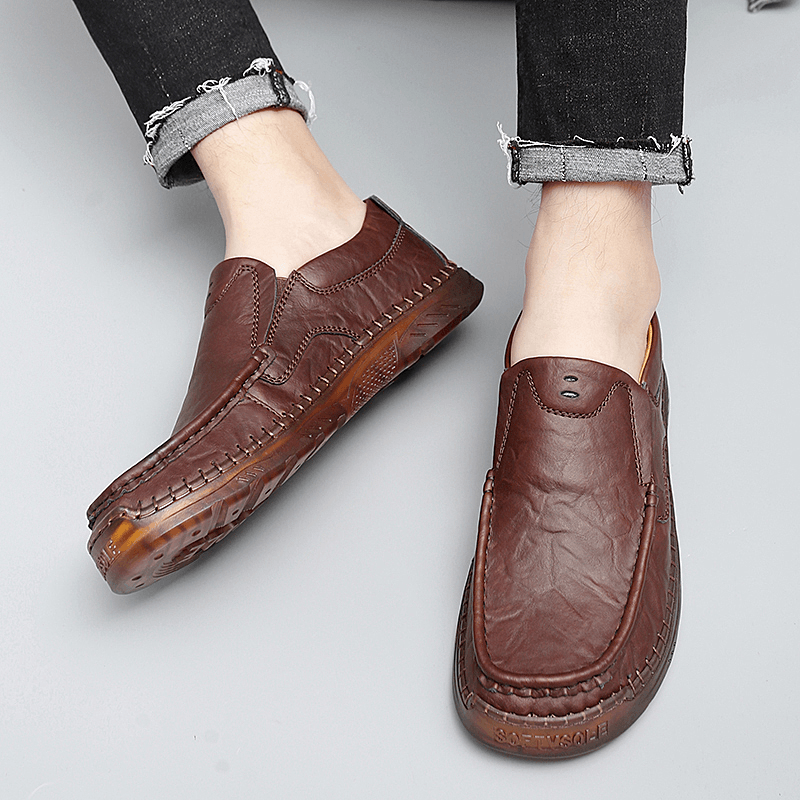 Menico Men Cowhide Breathable Hand Stitching Soft Sole Slip on Solid Casual Loafer Shoes