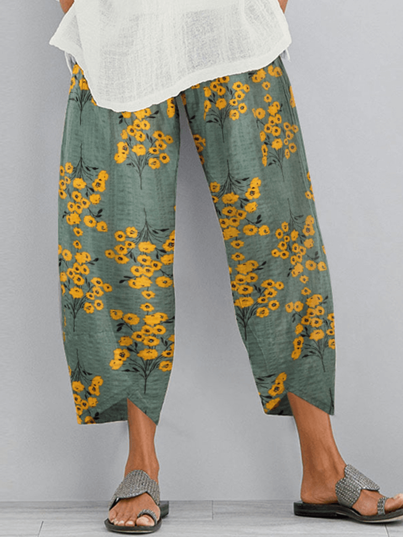 Women's Floral Print Casual Pants with Elastic Waist and Side Pockets