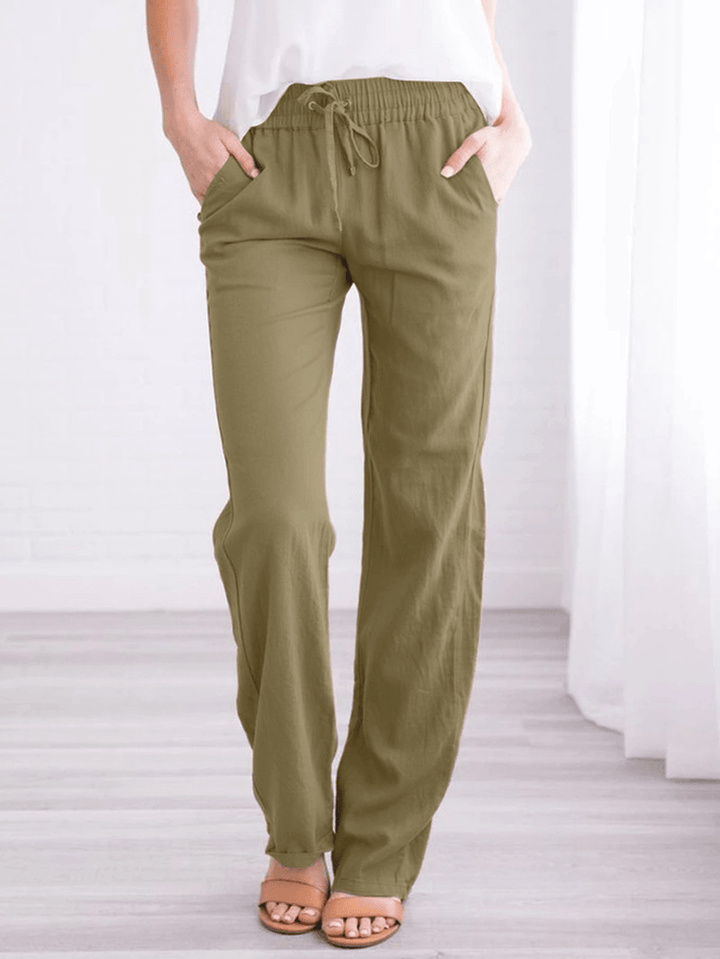 Women Casual Solid Color Elastic Waist Straight Pants