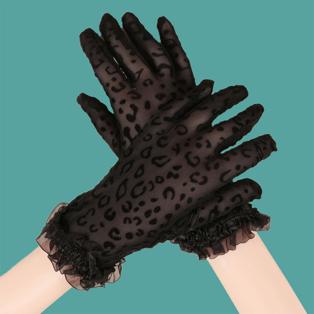 Women Polyester Cotton Lace Leopard Pattern Sunshade Breathable Short Full Finger Gloves