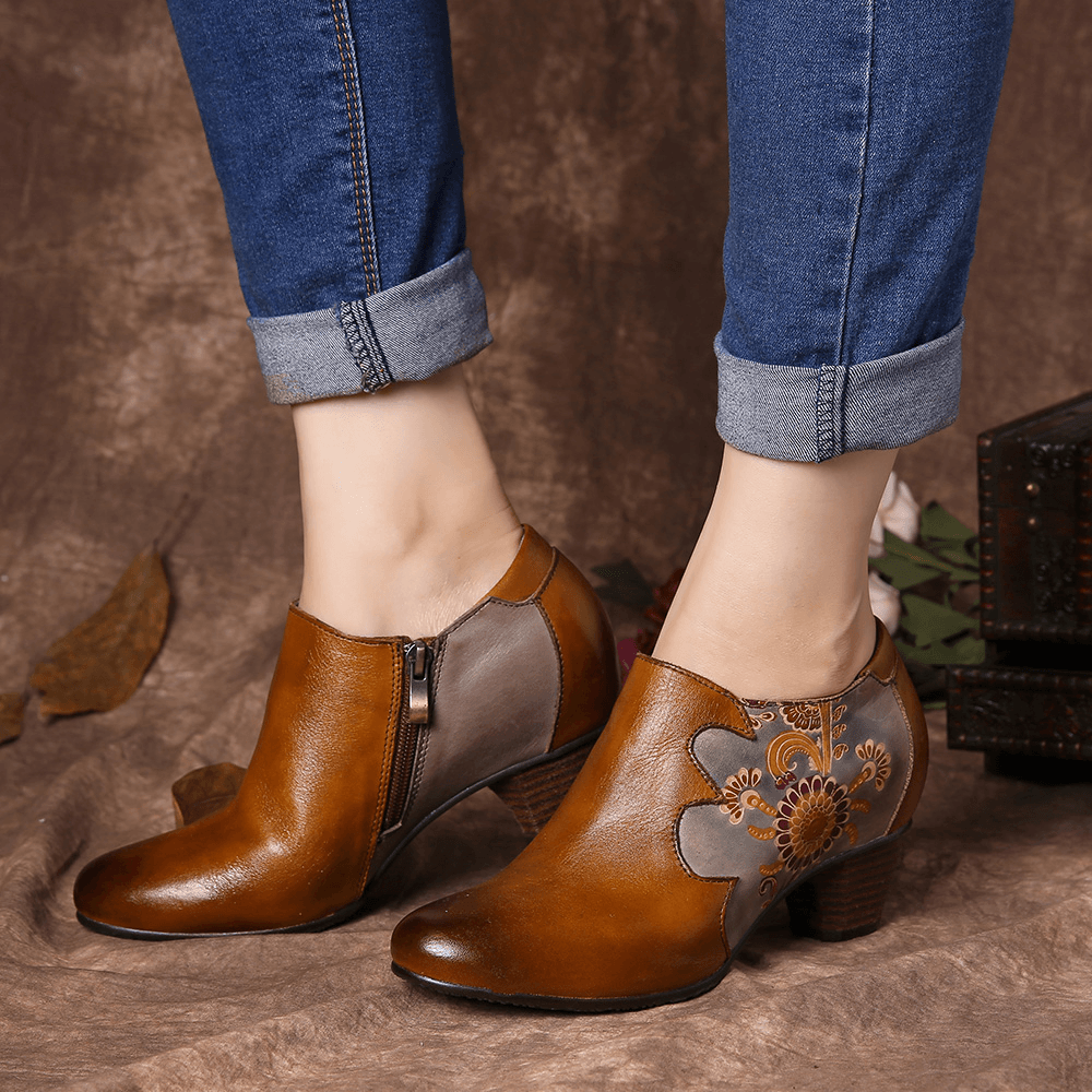 Women Hand Painted Flowers Stitching Leather Zipper Pumps