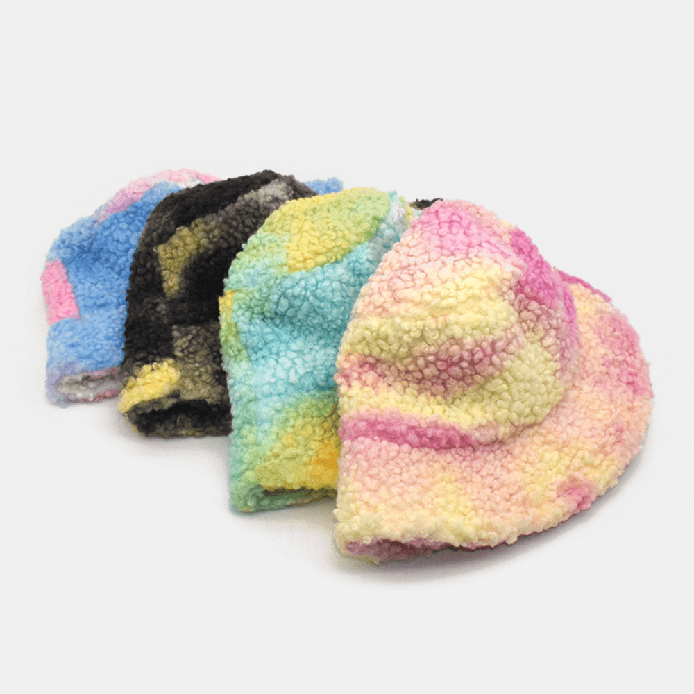 Women Tie-Dye Mix Color Lamb Hair Warm Casual Cute Bucket Hat