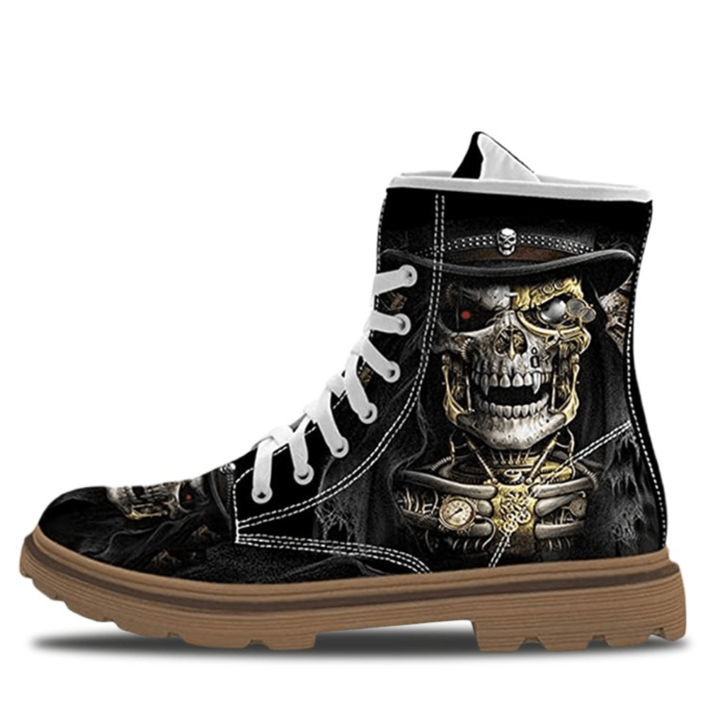 Men Leather Halloween Soft Sole Funny Skull Printing Lace up Casual Martin Ankle Boots