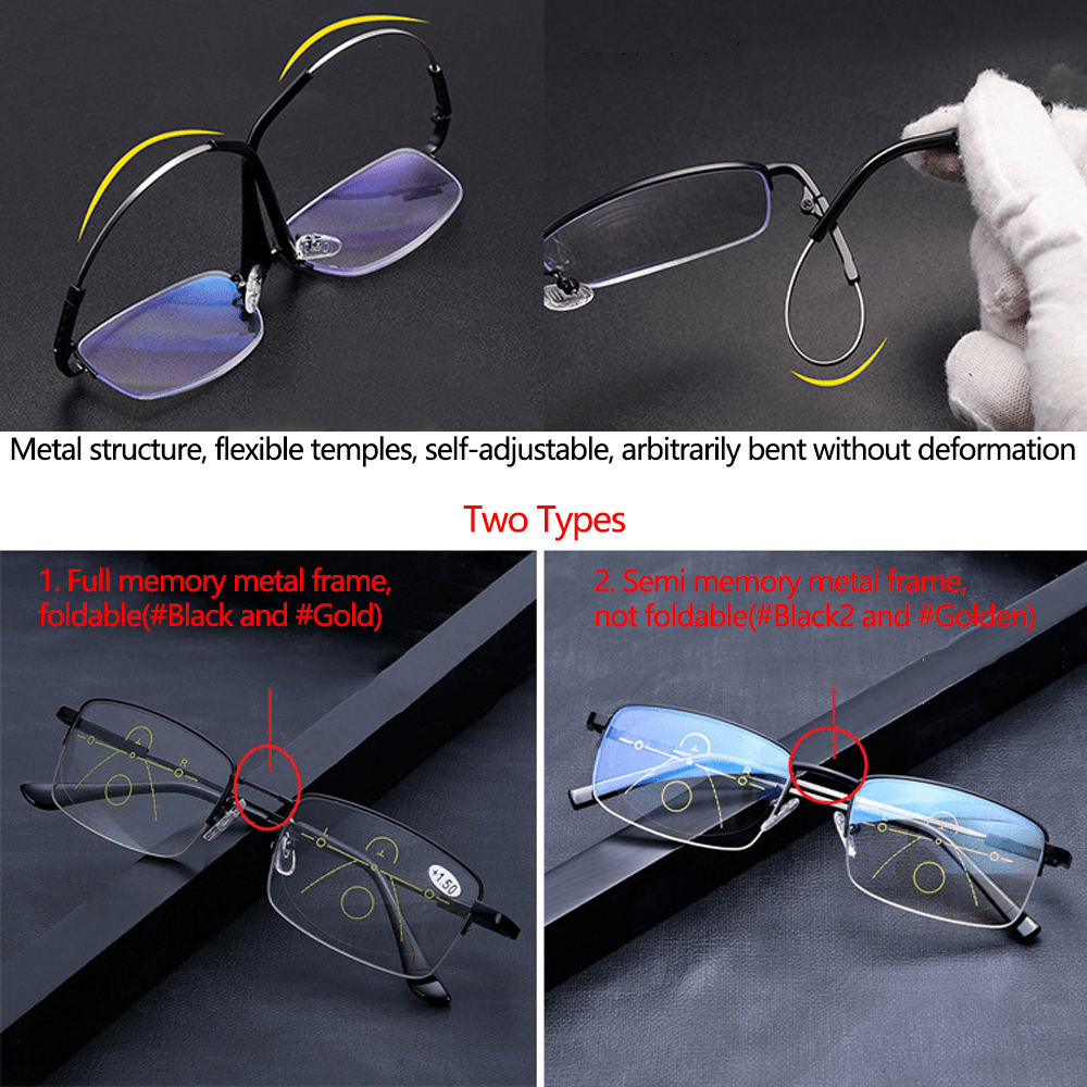 Unisex Folding Half Frame Anti-Blue Light Dual-Use Intelligent Zoom Multi-Focus Color Changing Reading Glasses Presbyopic Glasses