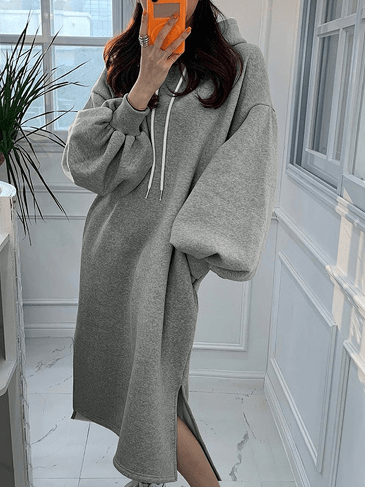 Women Puff Sleeve Solid Color Split Side Pockets Hooded Maxi Length Loose Drawstring Midi Dresses - MRSLM