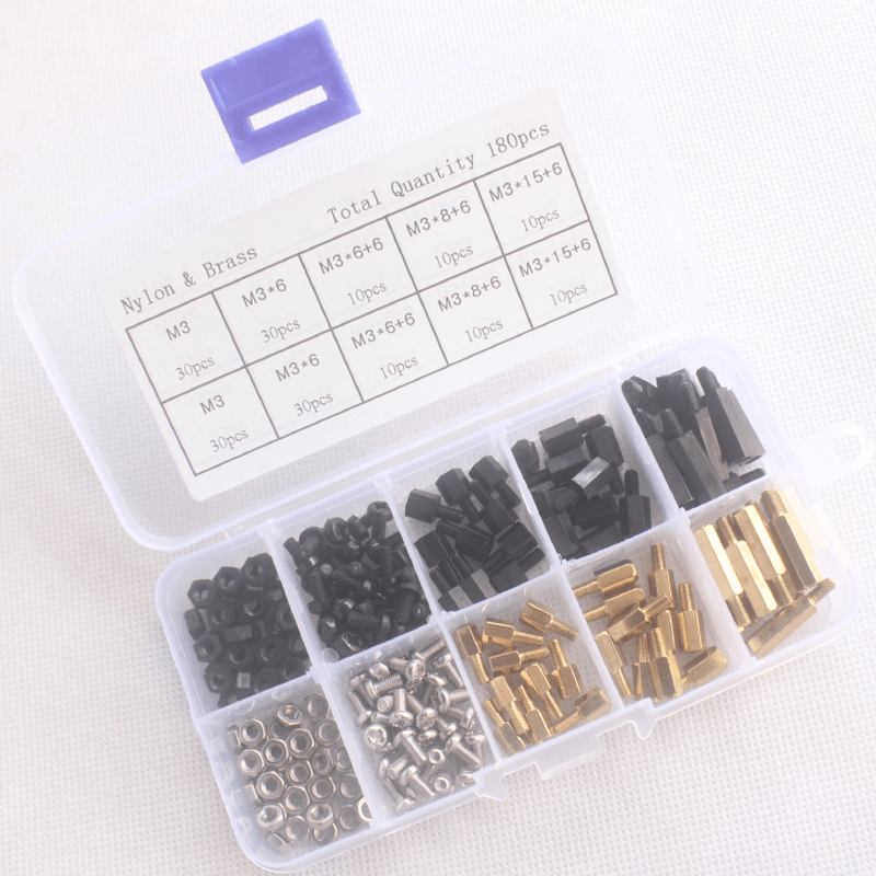 Suleve M3BN6 180Pcs M3 Nut Screw Standoff Set Nylon Stainless Steel Brass Hex Standoff Nut Screw Set Assortment Kit with Storage Box