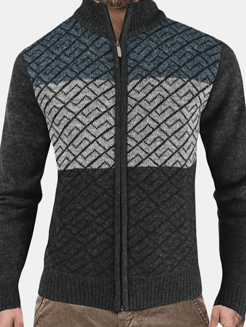 Mens Knitting Graphics Zipper Colorblock Warm Long Sleeve Sweater Jacket