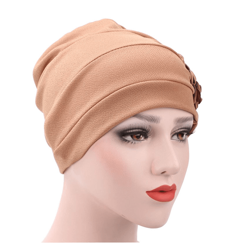 Womens New Side Paste Large Flower Solid Beanie Cap Casual Cotton Outdoor Bonnet Hat