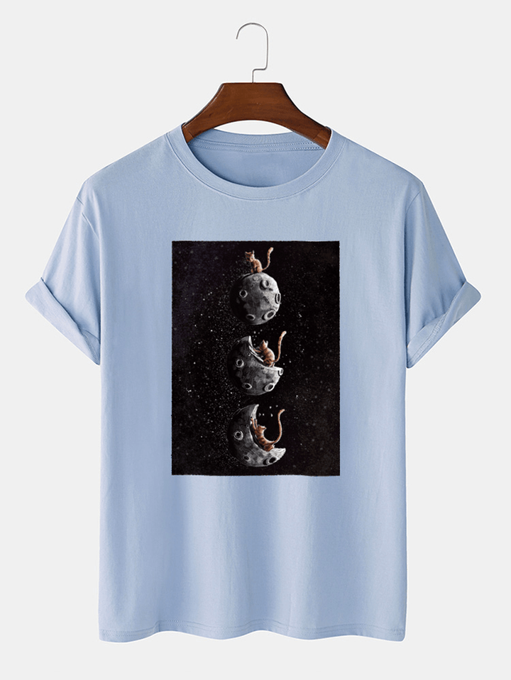 Mens 100% Cotton Space Cat Graphic Print Casual Short Sleeve T-Shirt