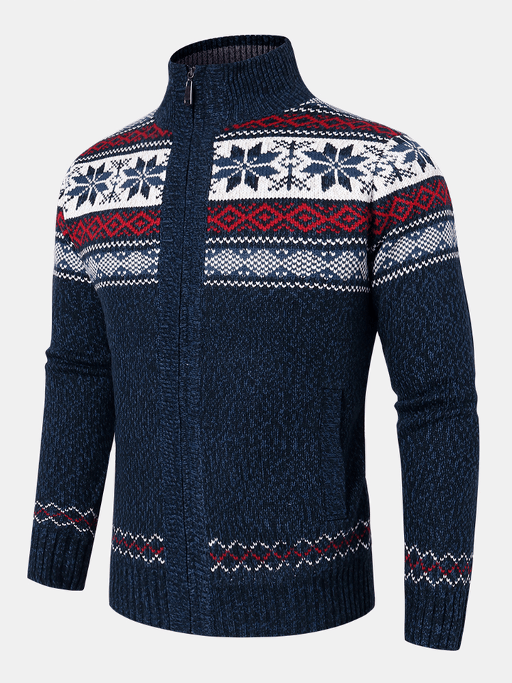 Mens Geometric Graphics Knitted Fleece Lined Warm Sweater Cardigans