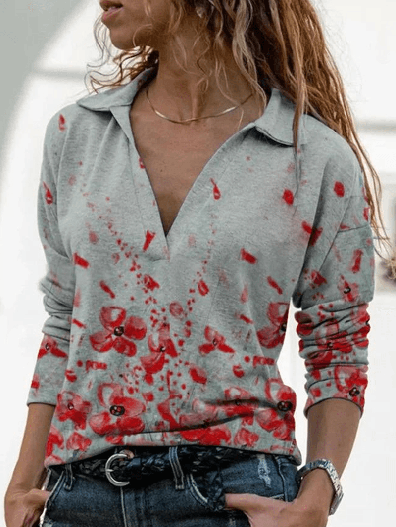 Women Floral Print Lapel Plunge Casual Long Sleeve Blouses - MRSLM