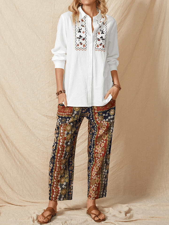 Women White Lapel Ethnic Embroidery Daily Casual Long Sleeve Shirts