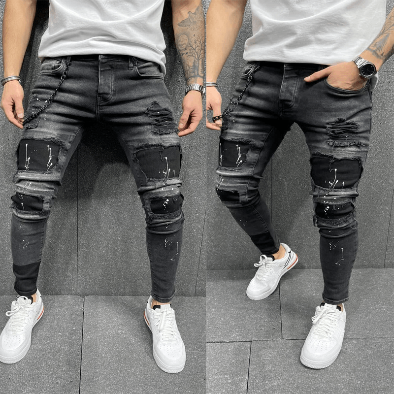 Men'S New Patch Ripped Elastic Skinny Jeans