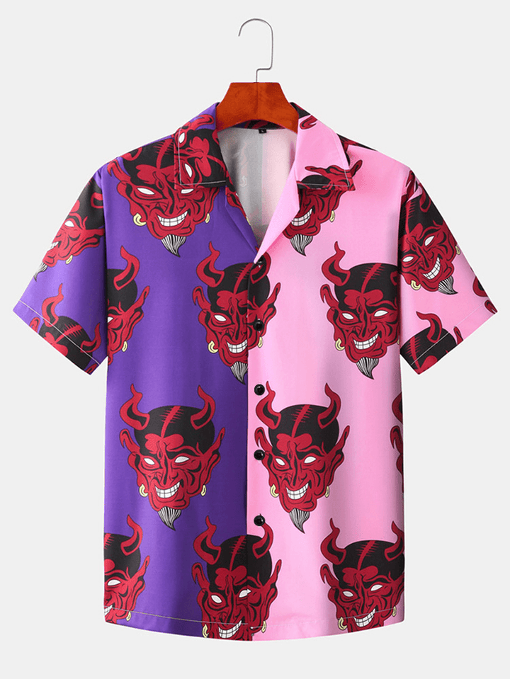 Mens Patchwork Devil Print Revere Collar Short Sleeve Designer Shirts