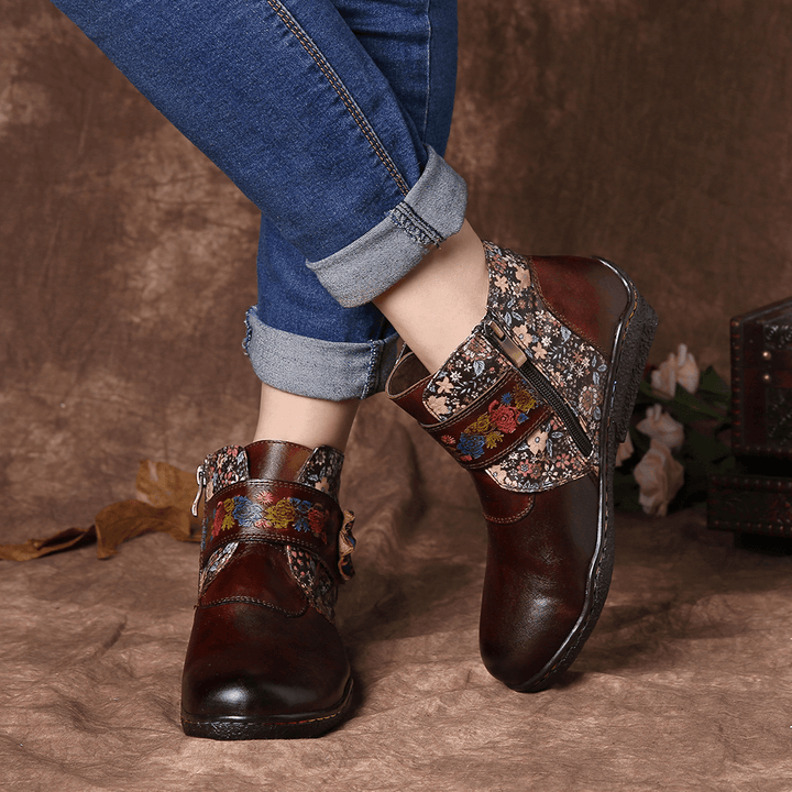 Retro Small Flowers Colorful Stitching Soft Leather Boots