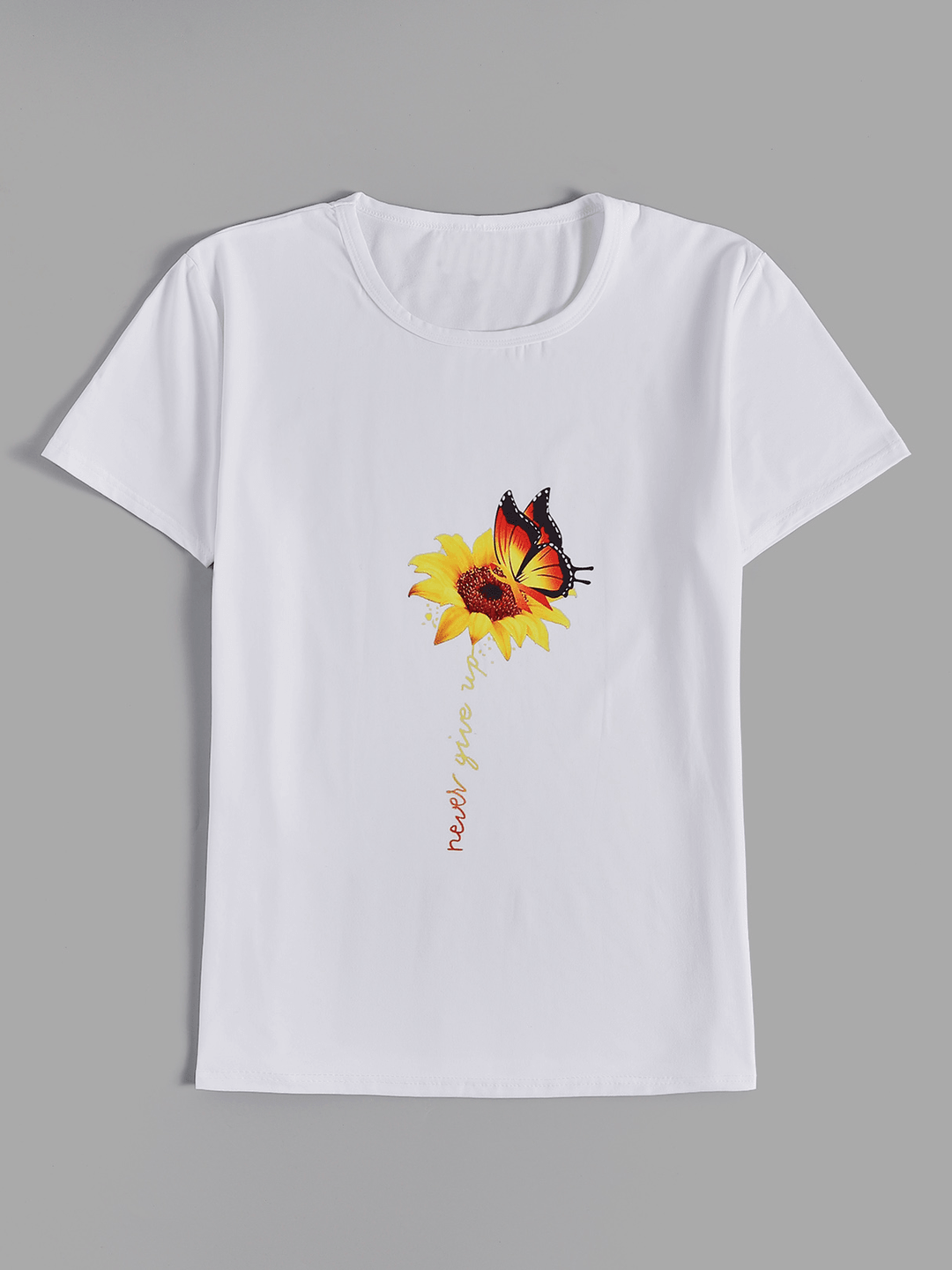 Sunflower and Butterfly Print Crew Neck Short Sleeves Casual Tee