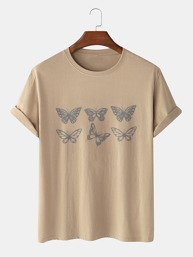 Mens 100% Cotton Butterfly Graphics Crew Neck Short Sleeve T-Shirts