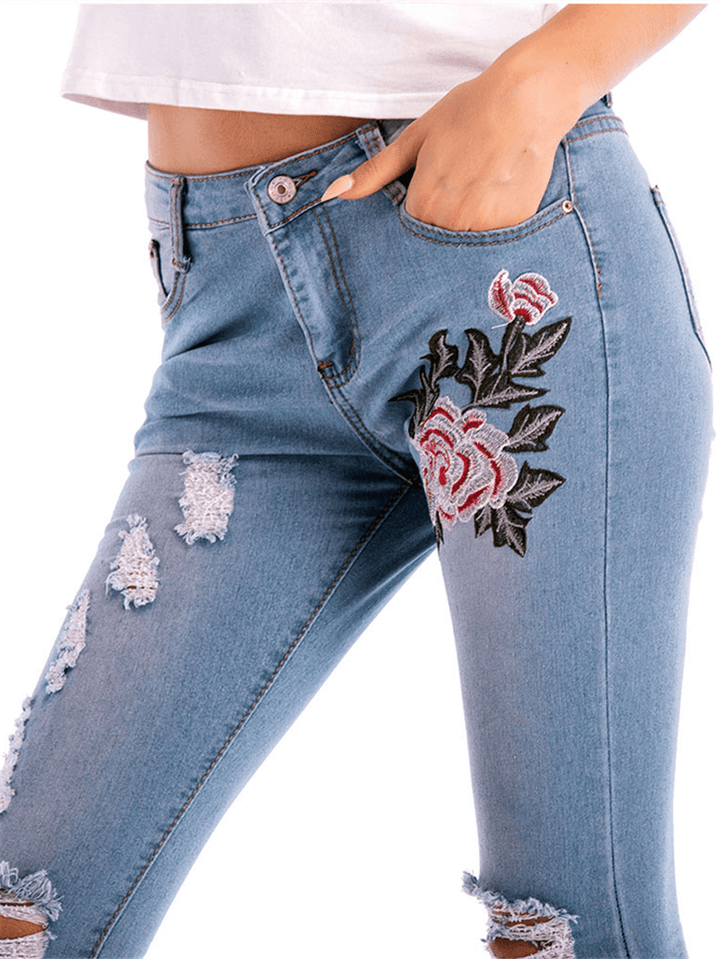 Stretch High Waist Skinny Embroidery Jeans