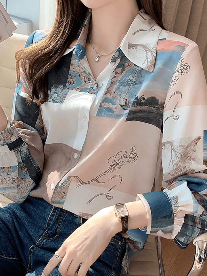 Women Block Landscape Print Long Sleeve Lapel Casual Blouse