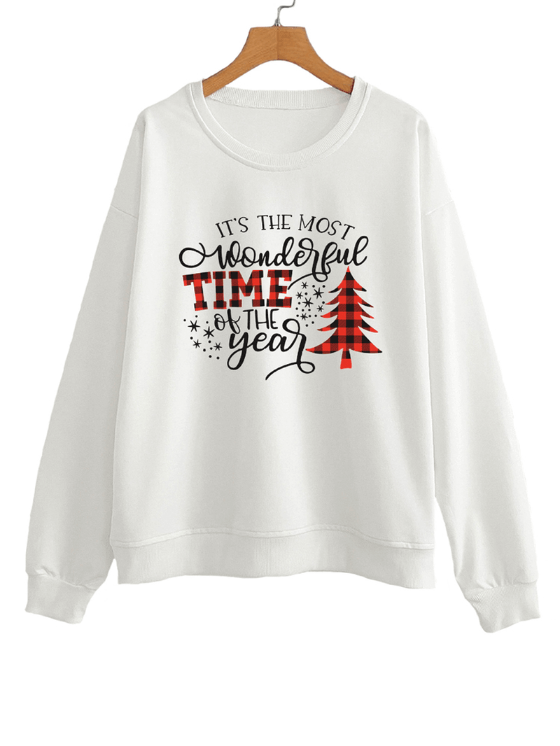 Women Christmas Letter Print O-Neck Drop Shoulder Loose Pullover Sweatshirts