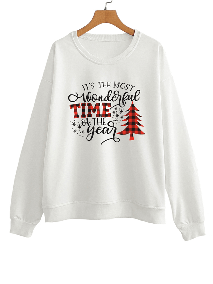 Women Christmas Letter Print O-Neck Drop Shoulder Loose Pullover Sweatshirts