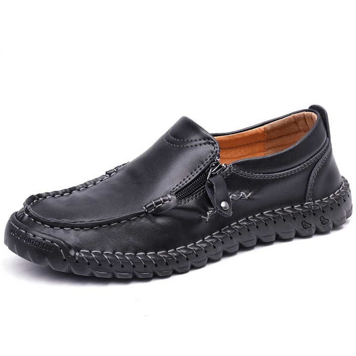 Menico Men Leather Hand Stitching Non Slip Side Zipper Casual Flats