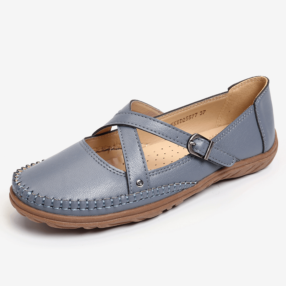 Women Cross Strap Stitching Buckle Slip Resistant Flats - MRSLM