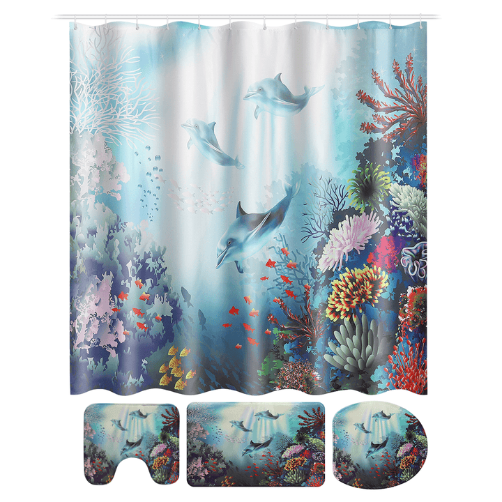 Printed Ocean World Whale Waterproof Bathroom Shower Curtain Toilet Mat Set