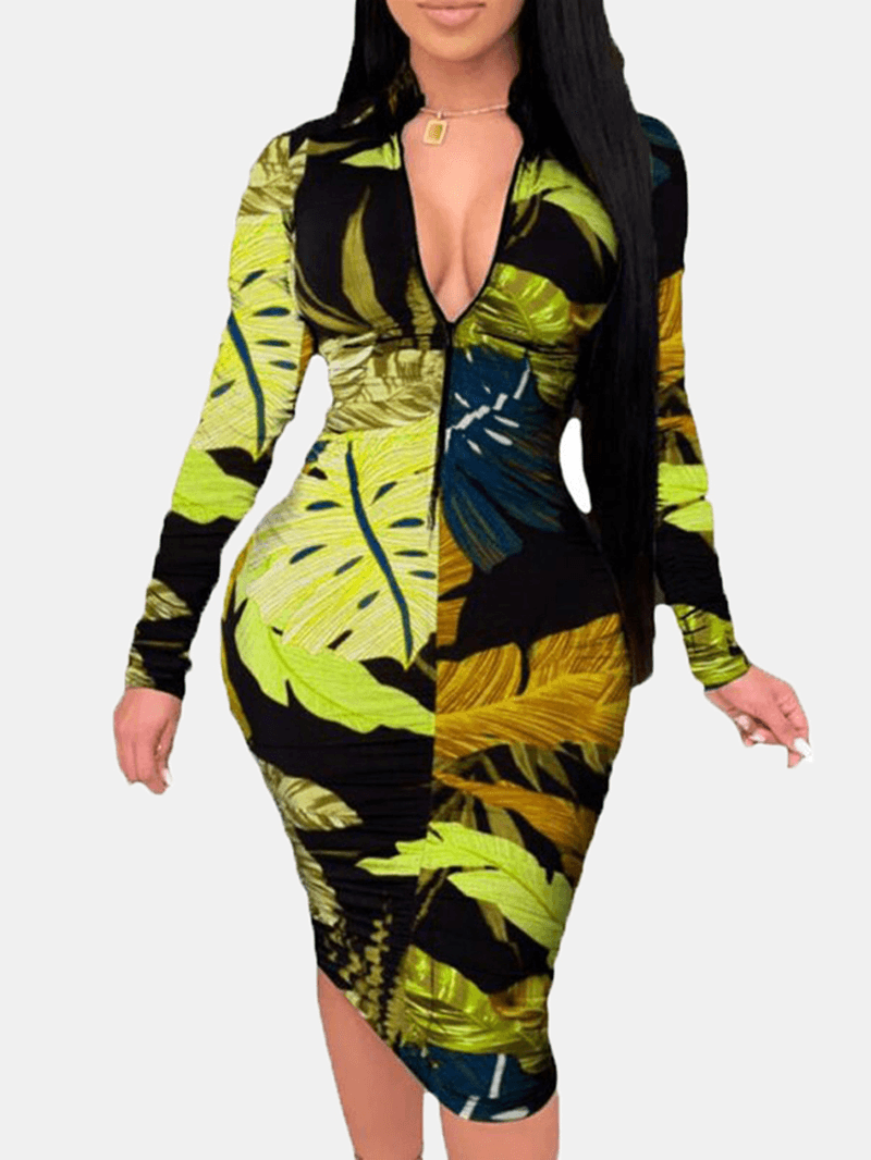 Women Plant Leaves Print Long Sleeve Zipper Elegant Midi Dress - MRSLM